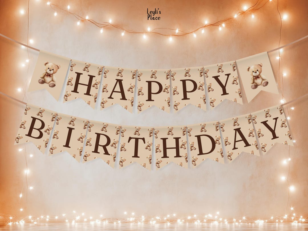 Beary First Birthday Banner, Teddy Bear Happy Birthday Banner Template ...
