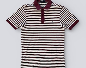 ヴィンテージ フレッドペリー バーガンディ ホワイト ストライプ ポロシャツ メンズ サイズ S クラシック ブリティッシュ モッズ スタイル 半袖 コットン ポロ