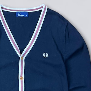 Sweter kardigan vintage Fred Perry z bawełnianą końcówką, rozmiar S