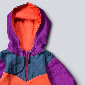 Vintage 90s Colorblock Anorak Jacket Mens Retro Purple Orange Hooded Windbreaker Pullover Size M image 3