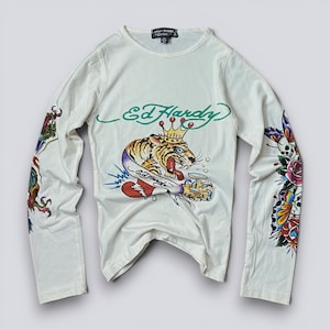 Ed Hardy x Missguided Long Sleeve Top | Y2K Tiger Tattoo Print Shirt | Cyber Y2K Rock Star Aesthetic | Women's Baby Tee | Size US 0 EUR 32