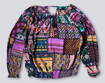 Desigual Boho Patchwork Peasant Vintage Blouse Multicolor Long Sleeve Y2K Top Size L