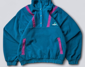 Vintage 90s Fleece Pullover Jacket Teal Purple Colorblock Snap Fleece | Retro Outdoor Sweatshirt | Oversized Streetwear