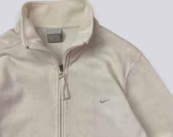 Vintage Nike Minimalist Zip-Up Jacket — Cream White Full Zip Track Top Y2K Sportswear-Size M