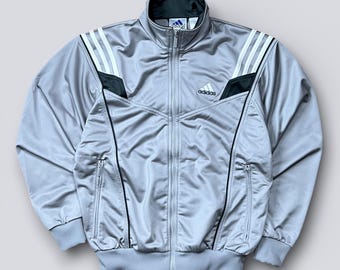 Vintage Adidas Track Jacket Silver Grey 3 Stripe Training Jacket Y2K Streetwear Size L