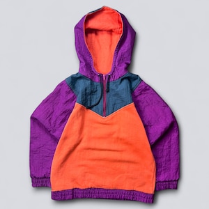 Vintage 90s Colorblock Anorak Jacket Mens Retro Purple Orange Hooded Windbreaker Pullover Size M image 1