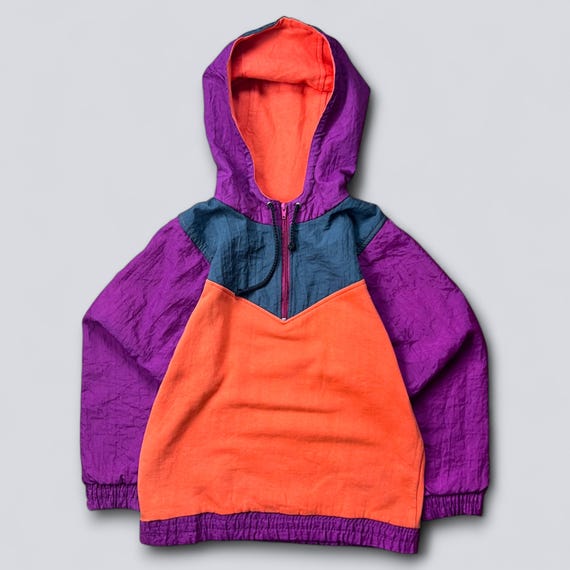 Vintage 90s Colorblock Anorak Jacket Mens Retro Purple Orange Hooded Windbreaker Pullover Size M
