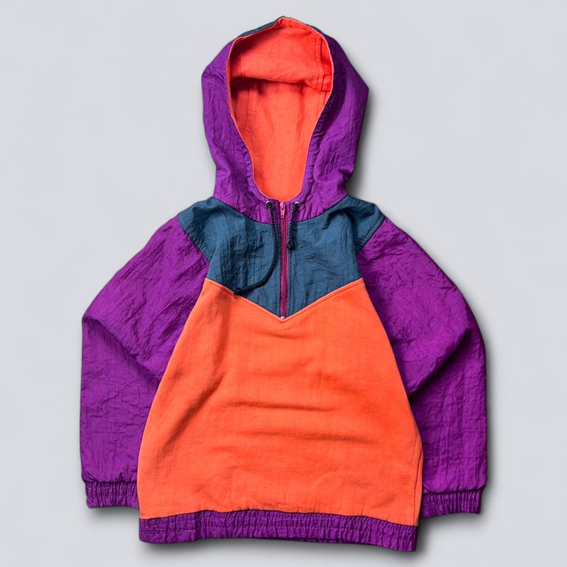 Vintage 90s Colorblock Anorak Jacket Mens Retro Purple Orange Hooded Windbreaker Pullover Size M image 1