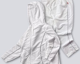 Vintage White Windbreaker Tracksuit Set Hooded Jacket & Track Pants 90s Lightweight Nylon Activewear Size L