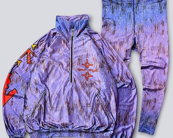Conjunto de chándal de esquí morado estilo vintage con estampado retro de los años 90, chaqueta con cremallera y pantalones, talla M