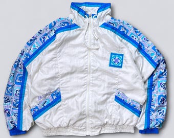 Vintage 80s World Wide Letex Sport Windbreaker Jacket Small | Retro Abstract White Blue Track Jacket 90s Streetwear Size S