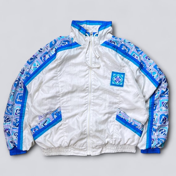 Vintage 80s World Wide Letex Sport Windbreaker Jacket Small | Retro Abstract White Blue Track Jacket 90s Streetwear Size S