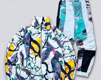 Vintage 90s Ski Tracksuit Set | Retro Colorful Windbreaker Jacket & Pants | Abstract Print Snow Suit Size S