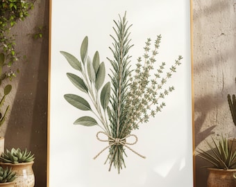 Impression d'art mural bouquet d'herbes rustiques, sauge romarin thym botanique cuisine, affiche d'illustration d'herbes de ferme - FIC6