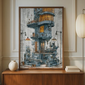 May include: A framed vertical art print depicting a complex, multi-level industrial machine in shades of blue and grey, featuring glowing amber windows and mechanical components, set against a faint, technical blueprint background.
