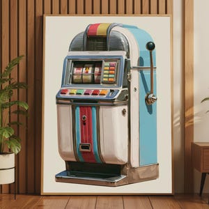 May include: A framed wall art print featuring a vintage-style slot machine with a light blue and white body, a red vertical stripe, a chrome side lever, and a colorful button panel. The machine has a central display window with three spinning reels.