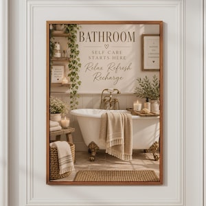 Op de afbeelding: Een ingelijste wandkunstprint met een badkamerscène met een wit bad op pootjes, een beige handdoek en hangend groen. De tekst luidt: BATHROOM, SELF CARE STARTS HERE, Relax Refresh Recharge. Het ontwerp bevat een klein hartpictogram en een ingelijst bord.