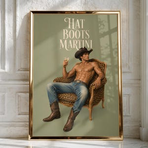 Stampa artistica da parete "Cappello, Stivali, Martini, Cowboy" / Poster vintage da gentiluomo western / Decorazione rustica per bar di casa / Opera d'arte in stile country - FIC59