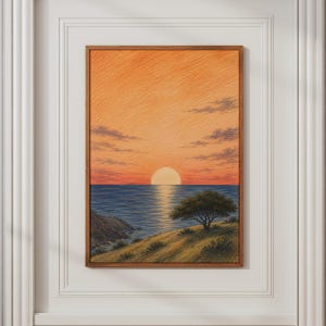 May include: A framed landscape painting depicting a sunset over the ocean. The sky is a gradient of orange and red with soft clouds. A bright sun sits on the horizon, casting a reflection on the blue water. A grassy hill with a tree is in the foreground.