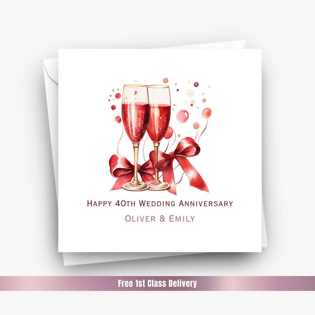 Ruby Wedding Anniversary Card With Champagne Glasses, Personalised 40th ...