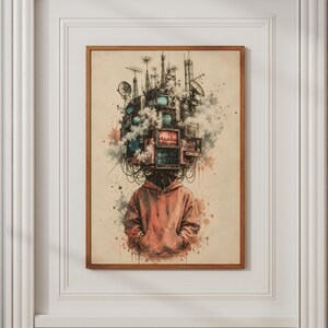 May include: A framed wall art print featuring a figure wearing a rust-colored hoodie with a head composed of a cluster of vintage television sets, antennas, and satellite dishes, surrounded by swirling smoke and watercolor-style paint splatters.