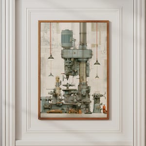 May include: A framed wall art print depicting a large, complex industrial machine in shades of blue-gray. The machinery features multiple gears, levers, and vertical components, set against a technical blueprint background with hanging pendant lights.