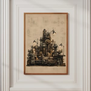 Könnte beinhalten: Ein gerahmter Kunstdruck mit einer detaillierten technischen Illustration einer komplexen Industriemaschine. Das Kunstwerk zeigt einen mechanischen Bauplan im Vintage-Stil in Beige-, Braun- und Schwarztönen mit zwei kleinen Lampen.