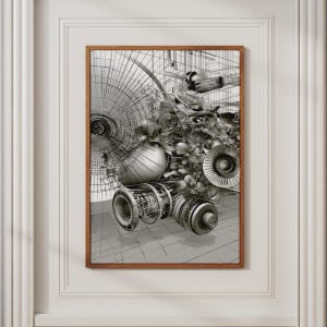 May include: A framed wall art piece featuring a complex black and white digital illustration of mechanical turbine components, intricate wireframe grids, and abstract circular engine parts layered against a geometric floor pattern.