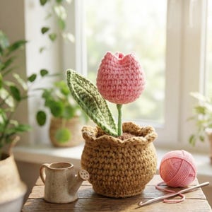 Puede incluir: Un tulipán tejido a mano en un macetero marrón. La flor rosa tiene un tallo y una hoja verdes. Una madeja de hilo rosa, un ganchillo y una pequeña regadera están sobre una superficie de madera. El fondo incluye plantas y una ventana.