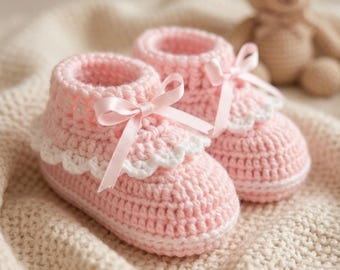 Crochet Baby Girl Booties Pattern PDF | Fold Over Baby Shoes, Easy Beginner Newborn Booties, Soft Handmade Baby Gift 03–06 Months