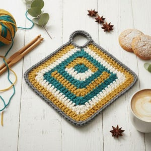 Puede incluir: Un salvamanteles cuadrado hecho a mano con ganchillo, con un lazo para colgar. El salvamanteles presenta un diseño geométrico con cuadrados concéntricos turquesa, blancos y dorados, bordeados en gris. Se ve una madeja de hilo turquesa y dorado y ganchillos de madera.