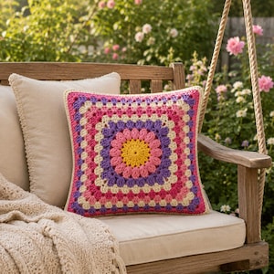 Peut inclure: Un coussin carré en crochet présentant un motif de fleur jaune central entouré de couches concentriques de fil rose, violet et crème dans un motif classique de granny square. Le coussin a un aspect texturé et fait main aux couleurs vives.