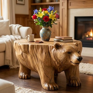Senufo Style Unique Wood  Bear Coffee Table, Hand Carved Large Rustic Lodge Furniture