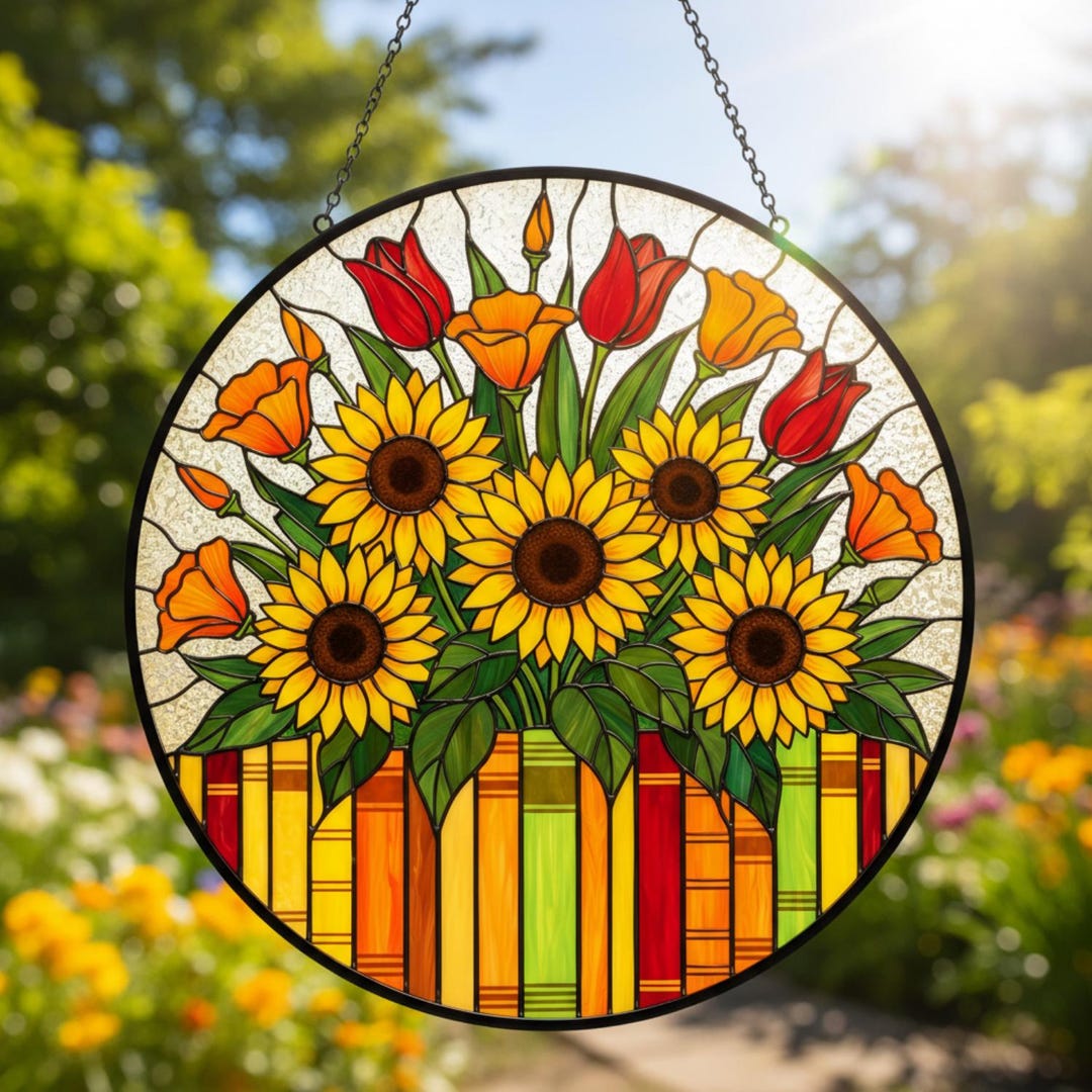 Sunflowers and Books Stained Glass Suncatcher, Red Tulips Floral Book ...