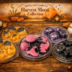May include: Four clear plastic clamshell containers filled with wax melts in various shapes and colours, including orange, purple, pink, and black. A banner at the top displays the text 'Quirkywick Candle Co. Harvest Moon Collection' with illustrations of pumpkins, a moon, and a lantern.