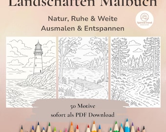 Landscape Coloring Book: 50 Landscape Coloring Pages, Adult Coloring Book, Digital Coloring Templates, Instant Download, Printable PDF File