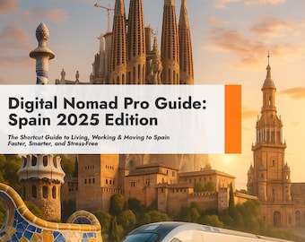 Peut inclure: Couverture de livre "Digital Nomad Pro Guide: Espagne 2025 Edition" avec le sous-titre "Le guide rapide pour vivre, travailler et déménager en Espagne plus vite, plus intelligemment et sans stress." L'image présente un train à grande vitesse, des monuments et un coucher de soleil.