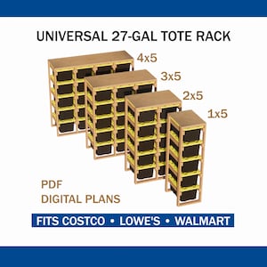 Paquete de planos de estantería universal 4 en 1 para contenedores de 27 galones / Compatible con contenedores Costco, Lowes y Walmart / Planos de alta capacidad de 5 filas (PDF)