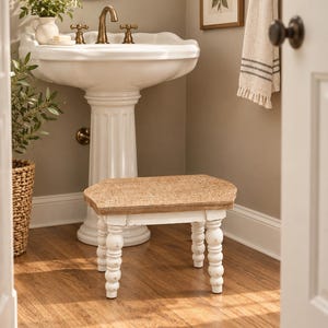 May include: A small wooden step stool featuring a rectangular top with a natural light brown wood grain finish and four white painted legs with a decorative turned spindle design. The stool has a distressed white paint finish on the base.