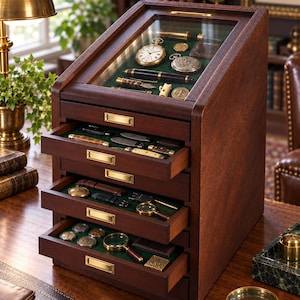 Könnte beinhalten: Ein Sammlerschrank aus dunklem Holz mit einer schrägen Glasplatte und drei ausziehbaren Schubladen. Das Innere ist mit grünem Filz ausgekleidet und präsentiert verschiedene Vintage-Objekte wie Taschenuhren, Füllfederhalter, Messer und Lupen.