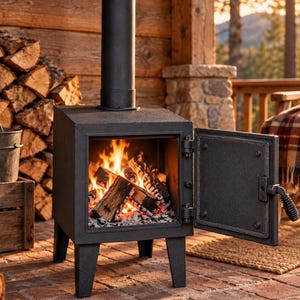 May include: A black cast iron wood-burning stove with a square firebox, four sturdy legs, and a vertical chimney pipe. The front door is open, revealing bright orange flames and glowing embers consuming several pieces of split firewood.