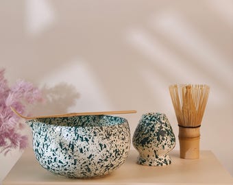 Ensemble de bols à matcha rustiques mouchetés, Chawan émaillé à la main avec fouet en bambou et porte-chenille, cadeau pour amateur de thé