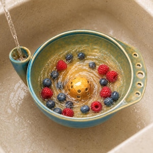 Vortex Berry Washing Bowl, Handmade Ceramic Fruit Rinser with Side Inlet for Strawberries and Blueberries