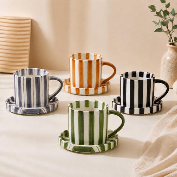 Gestreifte Keramik Kaffeetasse, Becher mit Untertasse, Keramik Kaffeetasse, Bunte Streifen Tasse für Latte und Tee