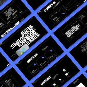 Może przedstawiać: Zbiór czarnych makiet projektów stron internetowych z białym tekstem i niebieskimi obramowaniami. Tekst zawiera frazy takie jak "Design. Strategy. Code. Your Brand. Elevated." i "Contact Us."