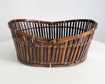 Vintage Mid-century Wood/Reed Large Decorative Basket