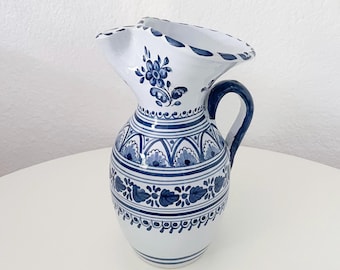 Vintage Mexican Folk Art Ceramic Blue and White Talavera El Carmen Jarra Pitcher