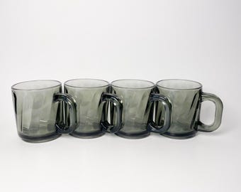 Set von 4 Vintage Libbey Rauchgrau Optic Swirl 8oz Glasbecher