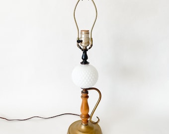 Vintage Hobnail Milk Glass, Brass, & Turned Wood Mid Century Table Lamp