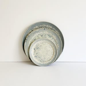 Set of 3 Vintage Light Blue Floral Lace Studio Art Pottery Ceramic Nesting Plates